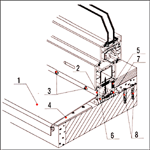 Рис.13. Нижний узел примыкания окна из ПВХ к наружной стене: 1 - алюминевый отлив; 2 - герметезирующая лента для наружной гидроизоляции; 3 - крепление шурупами; 4 - дополинтельный держатель при ширине отлива > 150 мм; 5 - аэрозольный герметик; монтажная пена; 7 - монтажная пластина; 8 - анкеры.