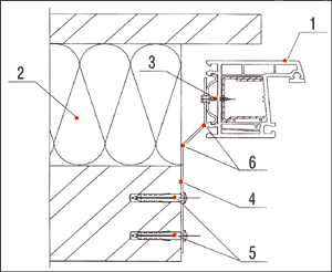 Рис.15 Закрепление окна из ПВХ (1), при помощи монтажной пластины: 1 рамный профиль; 2 - эффективный утеплитель; 3 - оконный самонарезывающий шуруп; 4 - монтажная пластина; 5 - анкерное крепление; 6 - насечки (места сгиба).